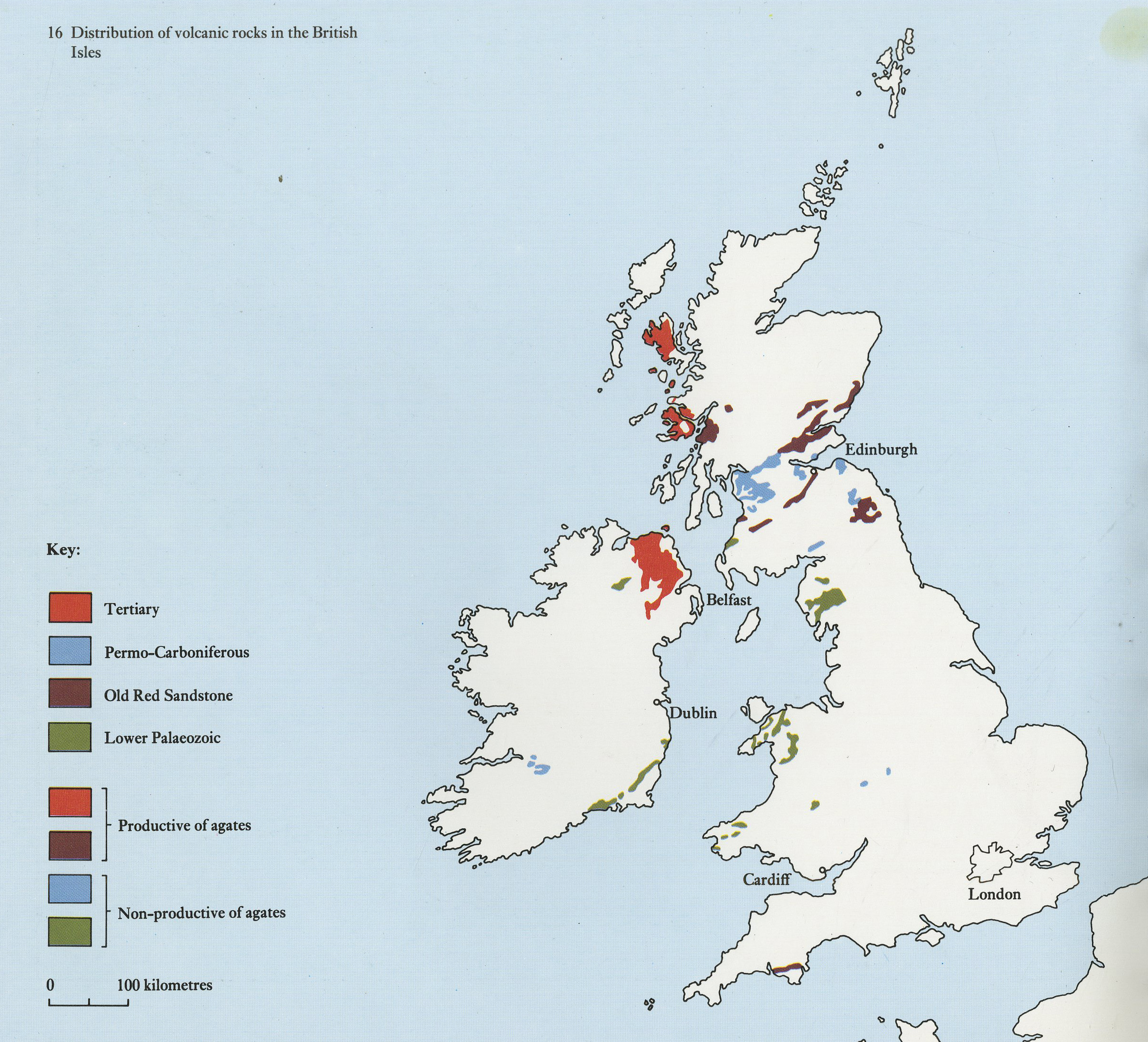 A map showing sites at which to find agates in the British Isles.