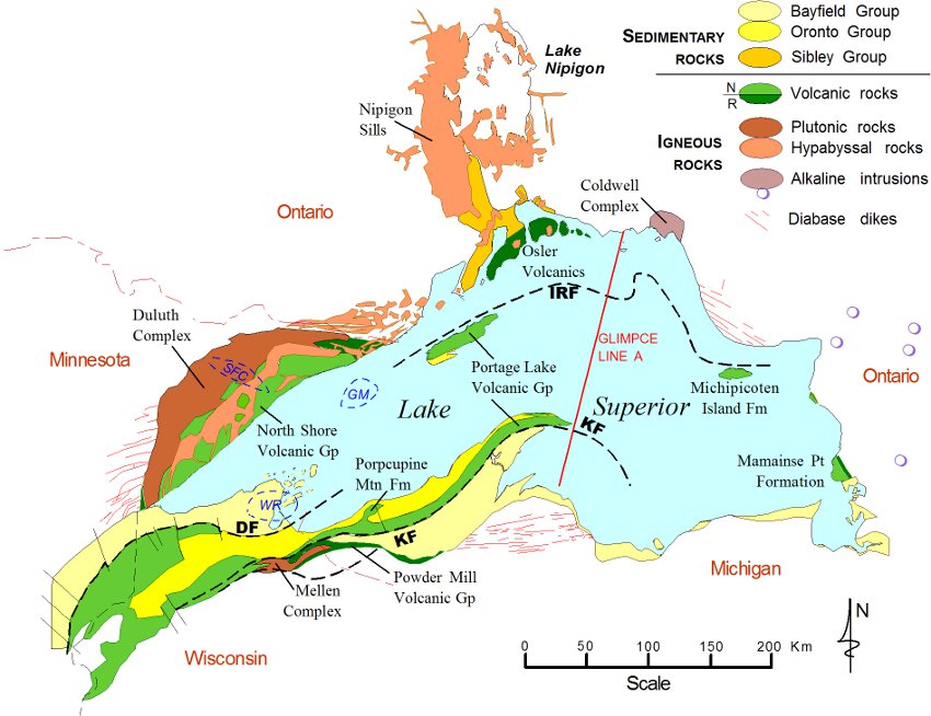 A map showing sites at which to find agates in the Lake Superior region.